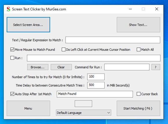 Main Screen of Screen Text Clicker to OCR Screen Text and Click