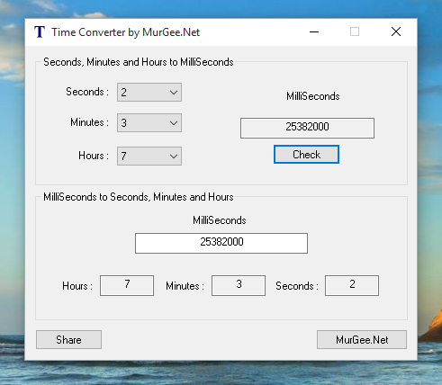 Screenshot of Free Time Converter Utility to convert Hours, Minutes, and Seconds to Milli Seconds